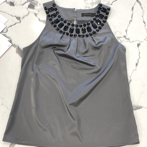 The Limited Tops - The Limited Beaded Metallic Scoop Neck Blouse -Gray Small